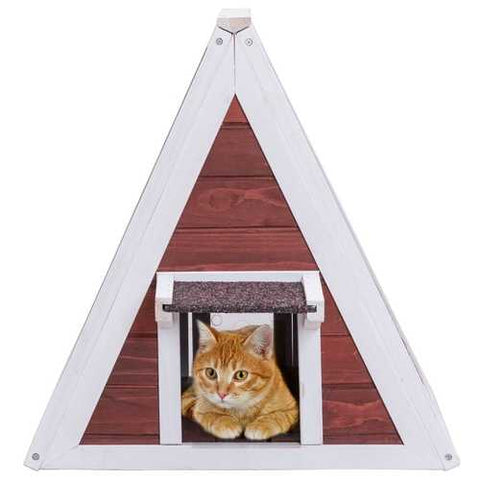 Image of Weatherproof Red A-Frame Wooden Cat House Furniture Shelter with Eave