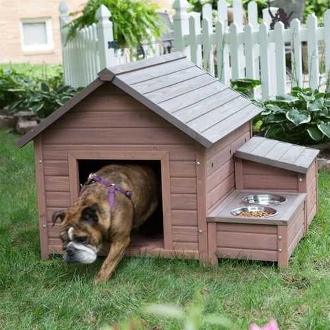 Image of Solid Wood A-Frame Outdoor Dog House with Food Bowl and Storage