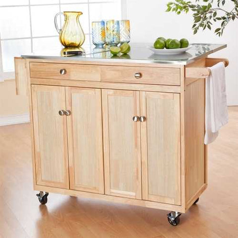 Image of Stainless Steel Top Kitchen Island Counter Height Utility Table in Natural Wood Finish
