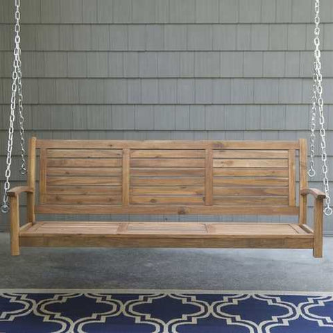 Image of Outdoor 5-Ft Slatted Porch Swing in Natural Acacia Wood with Hanging Chain