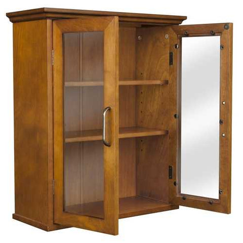 Image of Oak Finish Bathroom Wall Cabinet with Glass 2-Doors & Shelves