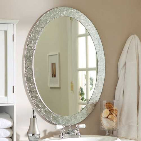 Image of Oval Frame-less Bathroom Vanity Wall Mirror with Elegant Crystal Look Border