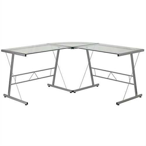Image of Modern Silver Metal L-Shaped Desk with Glass Top and Floor Glides