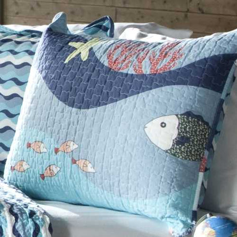 Image of Full / Queen Blue Serenity Sea Fish Coral Coverlet Quilt Bedspread Set