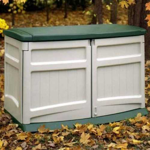 Image of Weather Resistant Outdoor Resin Storage Shed in Tan with Green Lid - 20 Cubic Ft Capacity