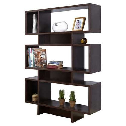 Image of Modern 63-inch high Bookcase Geometric Display Shelf in Espresso Wood Finish
