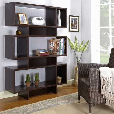 Image of Modern 63-inch high Bookcase Geometric Display Shelf in Espresso Wood Finish