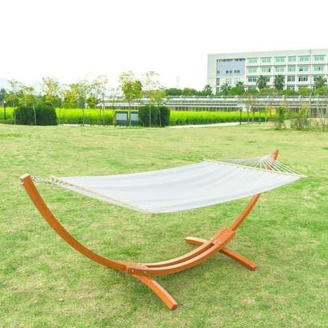 Image of White Cotton Polyester Hammock with 10.5 Ft Crescent Wood Stand