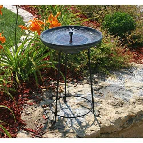 Image of Matte Black Bowl Solar Fountain Bird Bath with Wrought Iron Stand