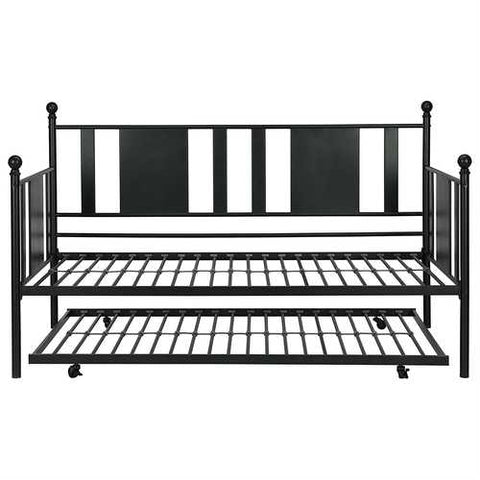 Image of Twin Black Metal Daybed Frame with Rounded Finials and Trundle Bed