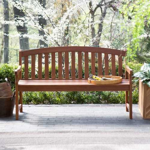 Image of Curved Back 4-Ft Outdoor Garden Bench with Arm-Rests in Natural Wood Finish