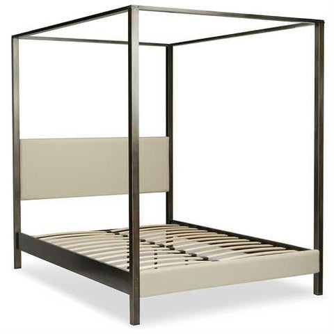 Image of California King size Upholstered Canopy Bed Frame with Wood Slats in Dark Silver Finish