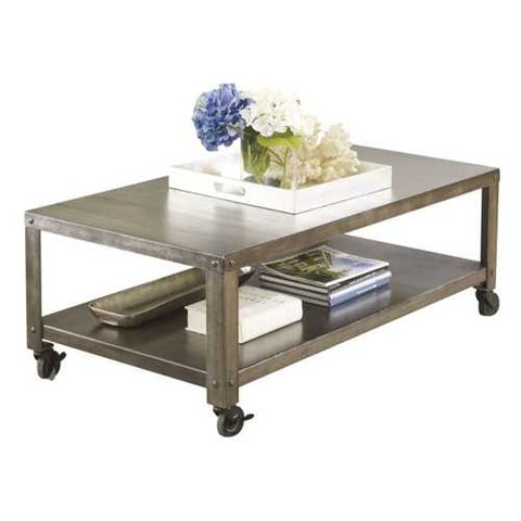 Image of Modern Industrial Style Metal Coffee Table with Locking Caster Wheels