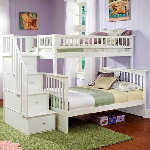 Image of Twin over Full Bunk Bed with Stairway Storage Drawers in White Wood Finish