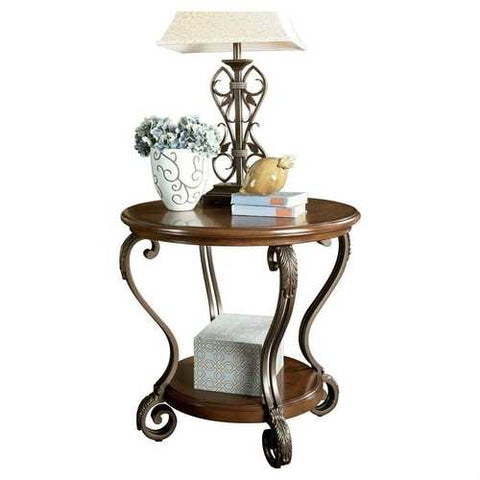 Image of Accent End Table Nightstand in Brown Wood with Scrolling Metal Legs