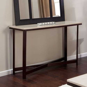 Contemporary Sofa Table in Espresso Wood Finish with Faux Travertine Top