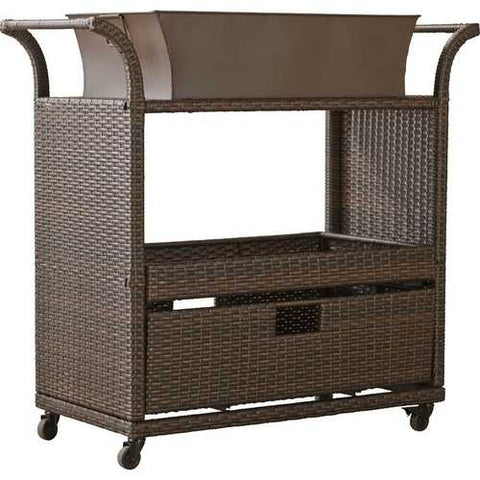 Image of Outdoor Sturdy Resin Wicker Serving Bar Cart with Tray Brown Rattan