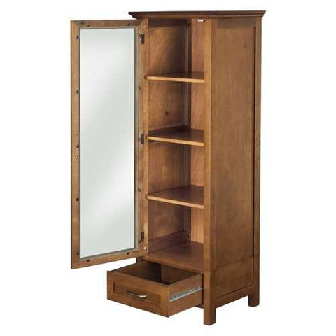 Image of Oak Finish Linen Tower Glass Door Bathroom Storage Cabinet w/ Drawer