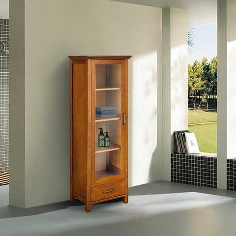 Image of Oak Finish Linen Tower Glass Door Bathroom Storage Cabinet w/ Drawer