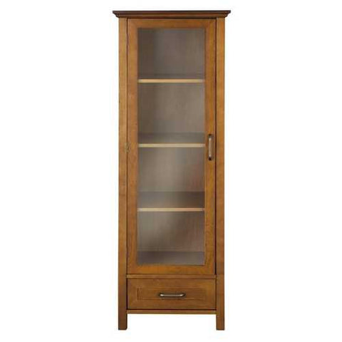 Image of Oak Finish Linen Tower Glass Door Bathroom Storage Cabinet w/ Drawer