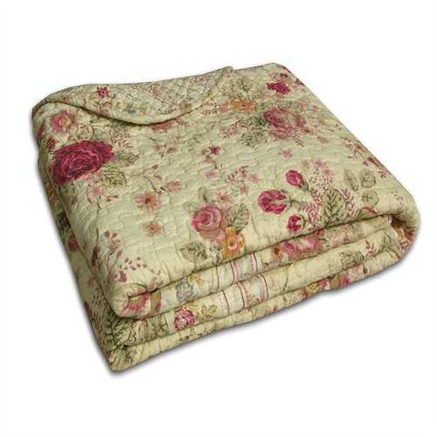 Image of Red Pink Gold Ecru Floral Roses Quilt Throw Blanket in 100% Cotton