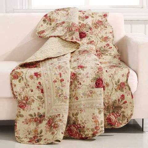 Image of Red Pink Gold Ecru Floral Roses Quilt Throw Blanket in 100% Cotton