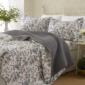 Twin size 100% Cotton 2-Piece Quilt Set with Coverlet & Sham in Gray White Floral Pattern