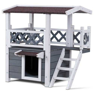 Modern Gray and White 2-Story Outdoor Weatherproof Wooden Cat House