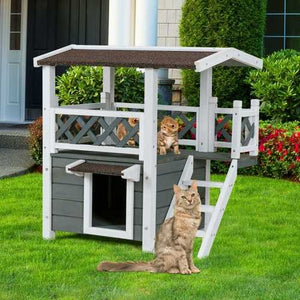 Modern Gray and White 2-Story Outdoor Weatherproof Wooden Cat House