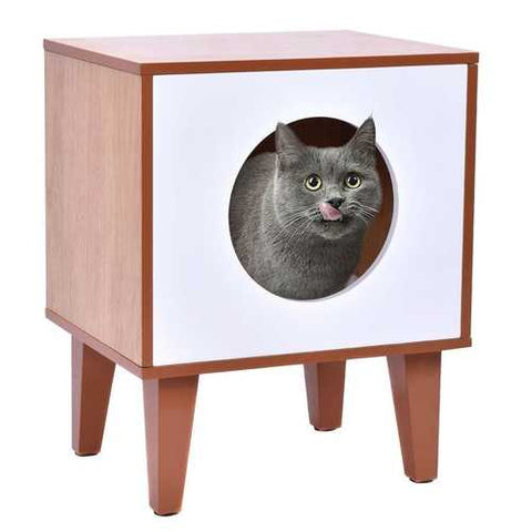 Image of Modern Wood and White Cat Box Pet Bed Furniture with Soft Pad