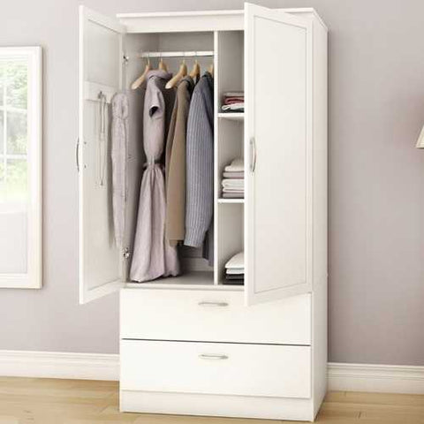 Image of White Armoire Bedroom Clothes Storage Wardrobe Cabinet with 2 Drawers