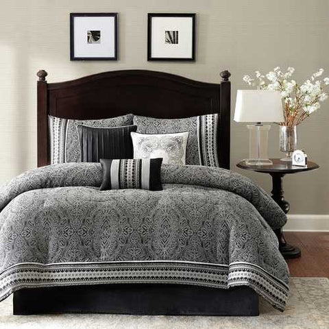 Image of King size 7-Piece Comforter Set with Damask Pattern in Black White Gray