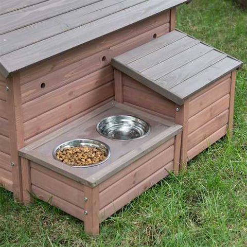 Image of Solid Wood A-Frame Outdoor Dog House with Food Bowl and Storage