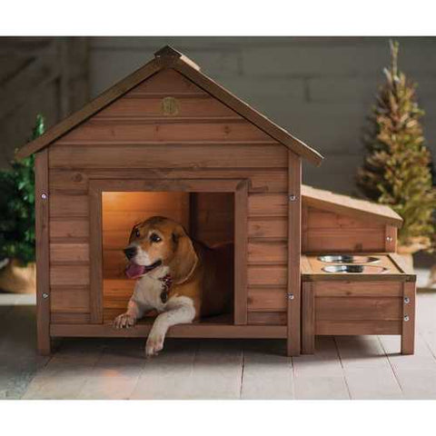 Image of Solid Wood A-Frame Outdoor Dog House with Food Bowl and Storage