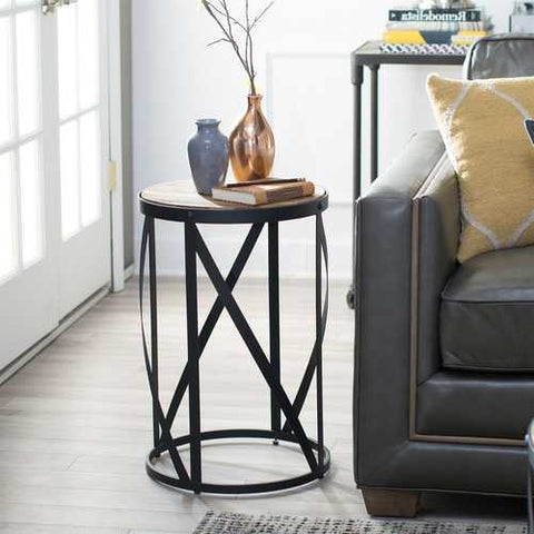 Image of Modern Industrial Drum Style Steel Side Table with Wood Top