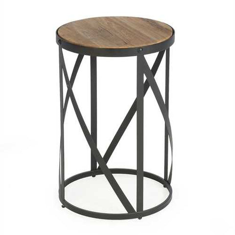 Image of Modern Industrial Drum Style Steel Side Table with Wood Top