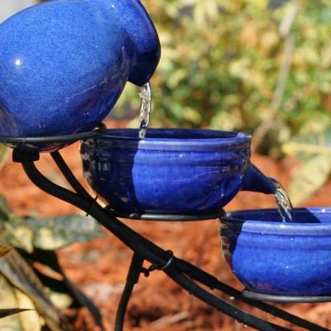 Image of Blue Ceramic Outdoor Cascading Fountain Bird Bath with Solar Pump