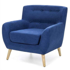 Blue Linen Upholstered Armchair with Mid-Century Modern Style Wood Legs