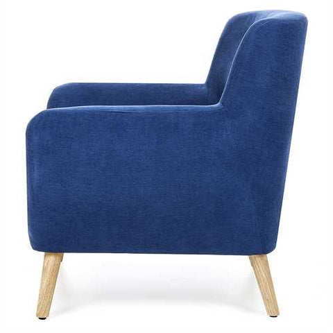 Image of Blue Linen Upholstered Armchair with Mid-Century Modern Style Wood Legs