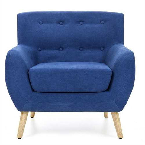 Image of Blue Linen Upholstered Armchair with Mid-Century Modern Style Wood Legs