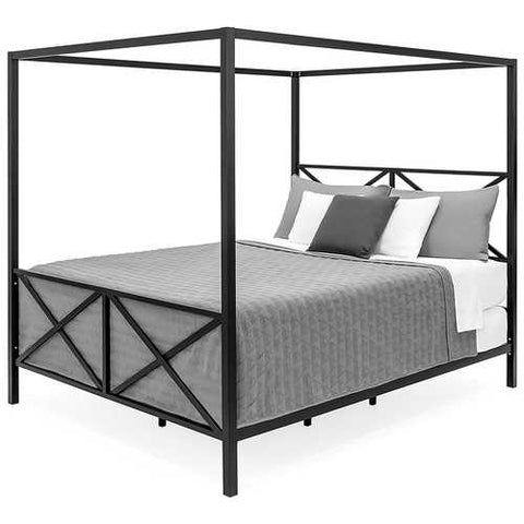 Image of Queen size Modern Industrial Style Canopy Bed Frame in Black Metal Finish