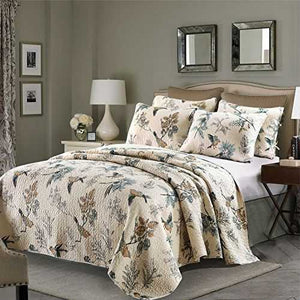 King size 3-Piece Quilt Bedspread Set in 100-Percent Cotton with Floral Birds Pattern