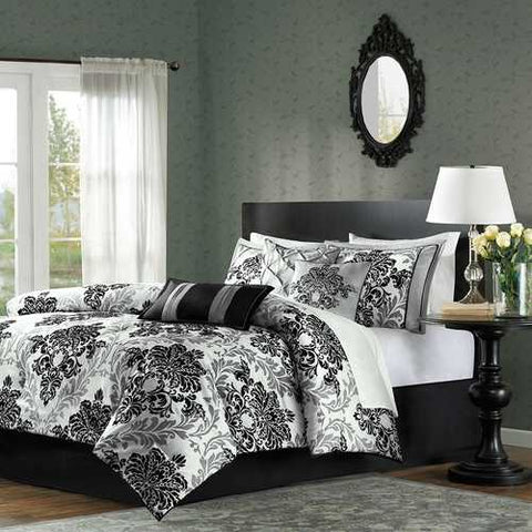 Image of King size 7-Piece Comforter Set with Black Grey Damask Pattern