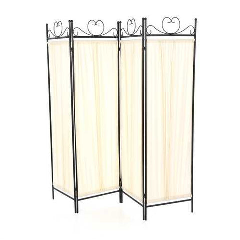 Image of Black Metal 4-Panel Room Divider with Off-White Fabric Screen