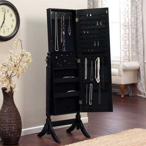 Full Length Tilting Cheval Mirror Jewelry Armoire in Black Wood Finish