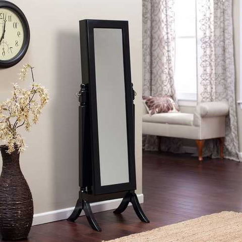 Image of Full Length Tilting Cheval Mirror Jewelry Armoire in Black Wood Finish