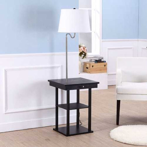 Image of 2-in1 Modern Side Table Floor Lamp with White Shade and USB Ports