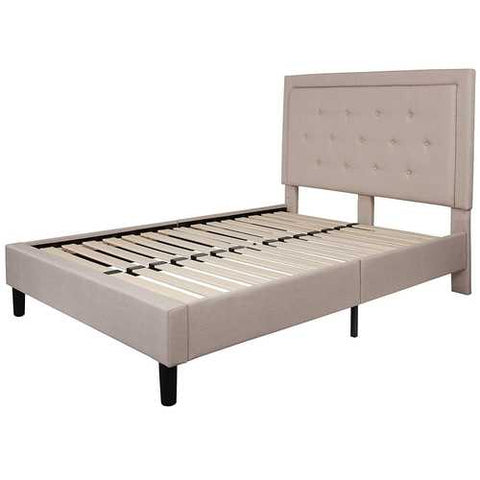 Image of Full Beige Fabric Upholstered Platform Bed Frame with Tufted Headboard