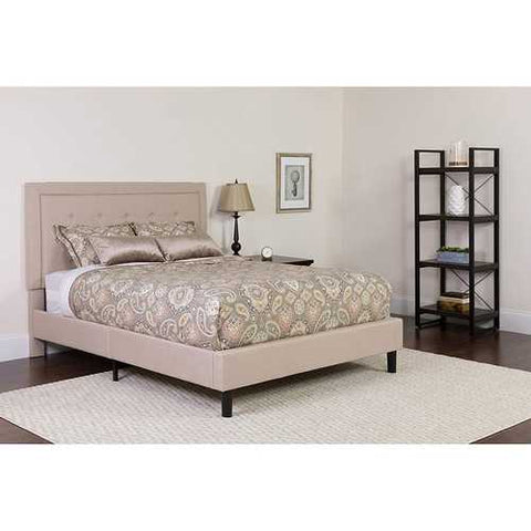 Image of Full Beige Fabric Upholstered Platform Bed Frame with Tufted Headboard