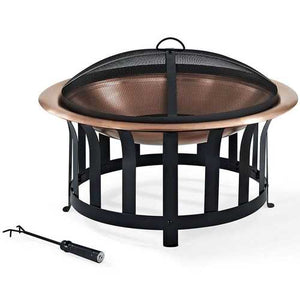 Oversized Copper Bowl Fire Pit with Black Steel Frame Poker and Spark Screen